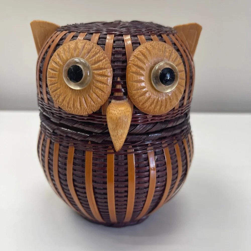 Owl Trinket Basket Small Brown Woven Bamboo Folk Art Functional Decor Vintage